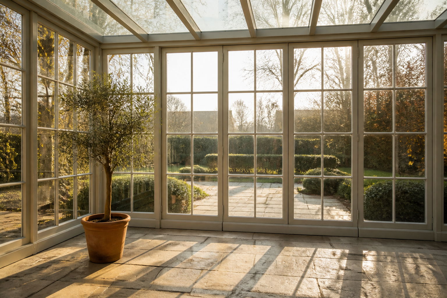 Illustrative Darstellung zum Ratgeberthema Wintergarten-Ausrichtung: Sonne und Tageslicht einordnen