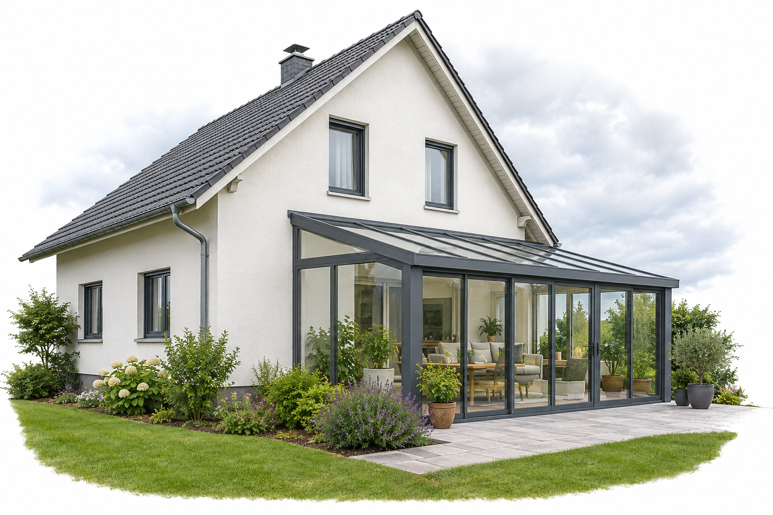 Illustrative Darstellung zum Ratgeberthema Wintergarten am Haus mit Blitzschutz: Was vor der Bauplanung geklärt wird