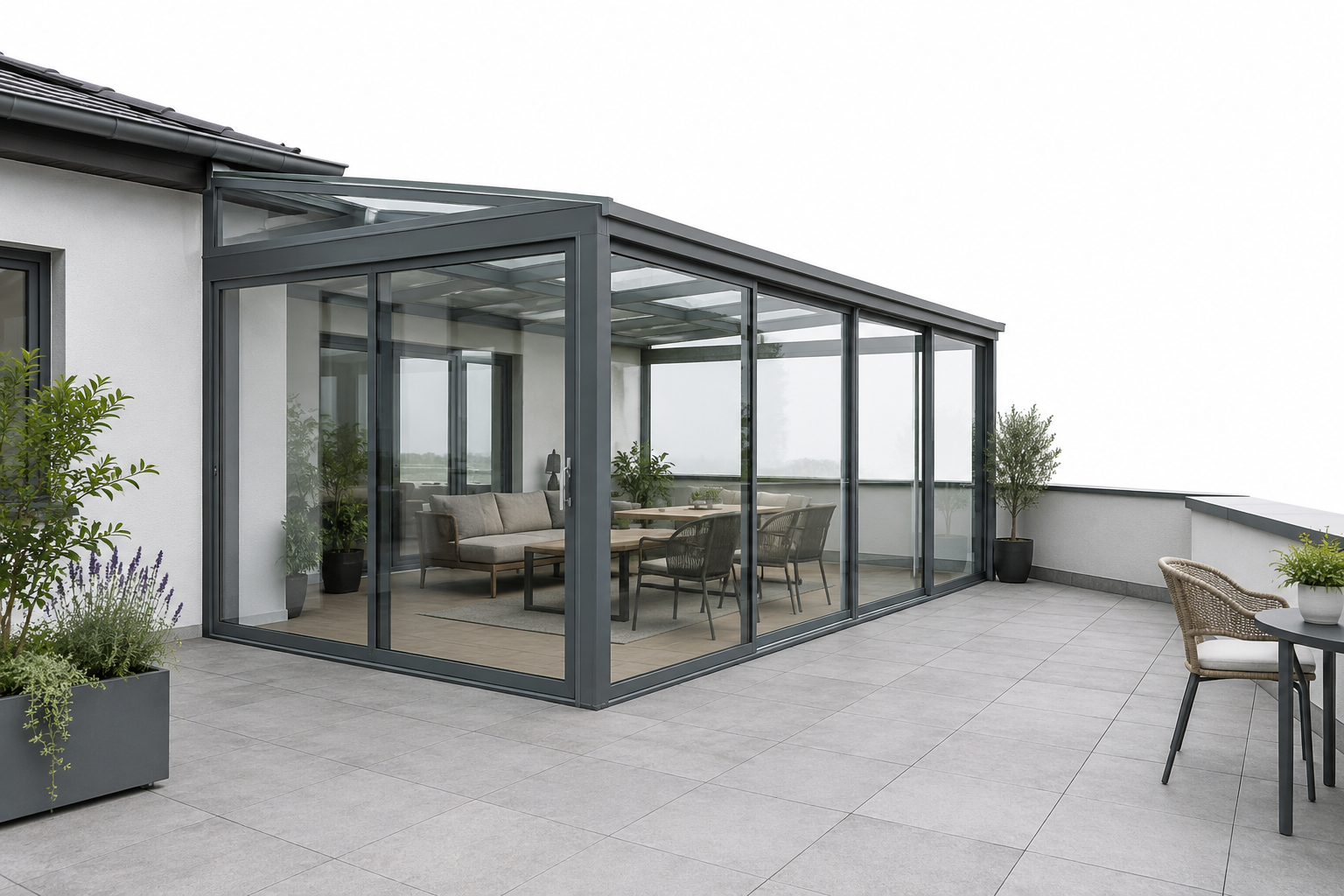 Illustrative Darstellung zum Ratgeberthema Gebrauchten Wintergarten kaufen und umsetzen: Was muss am neuen Haus passen?
