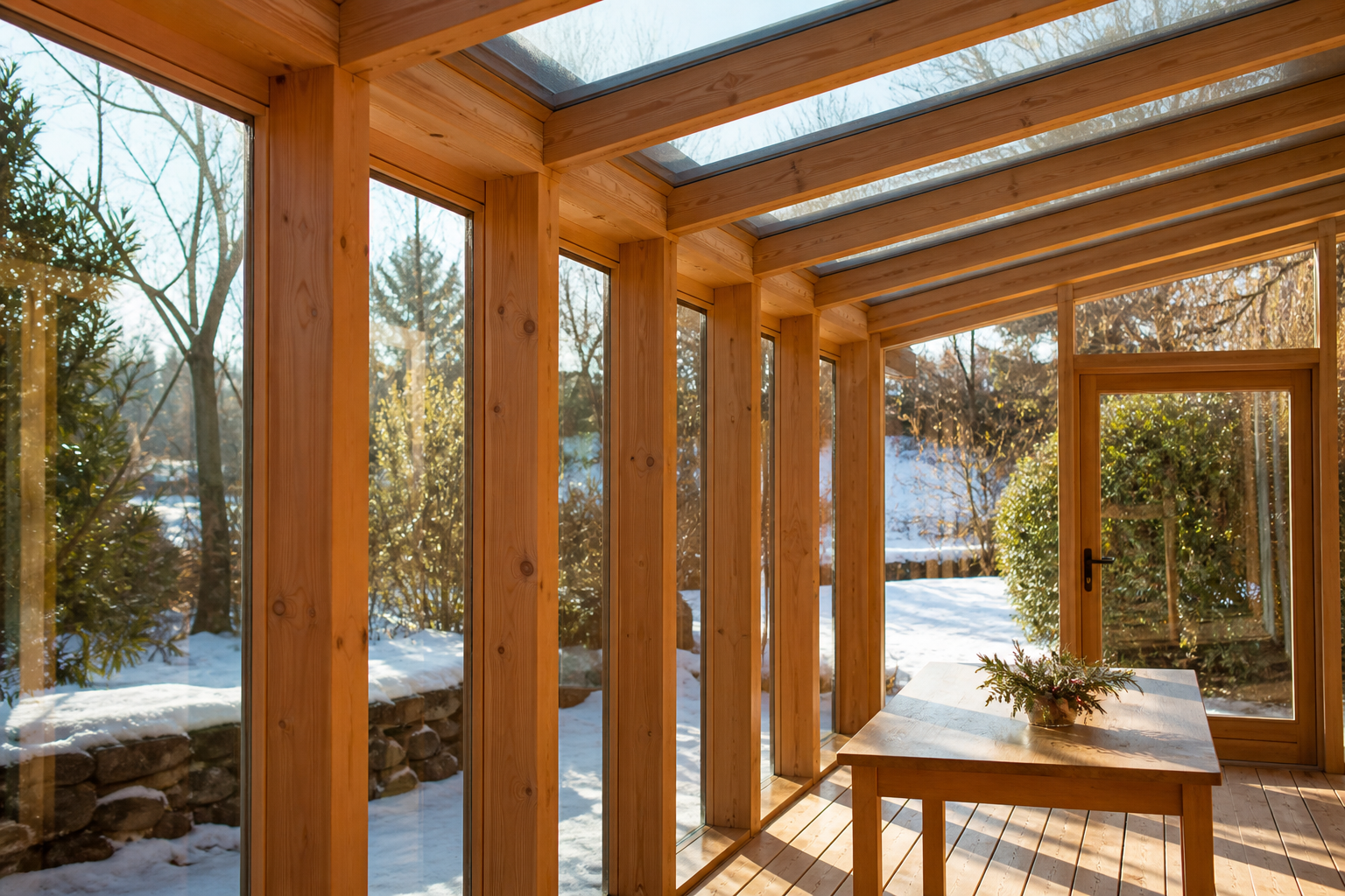 Illustrative Darstellung zum Ratgeberthema Wintergarten aus Holz: Tragwerk und Wetterschutz einordnen