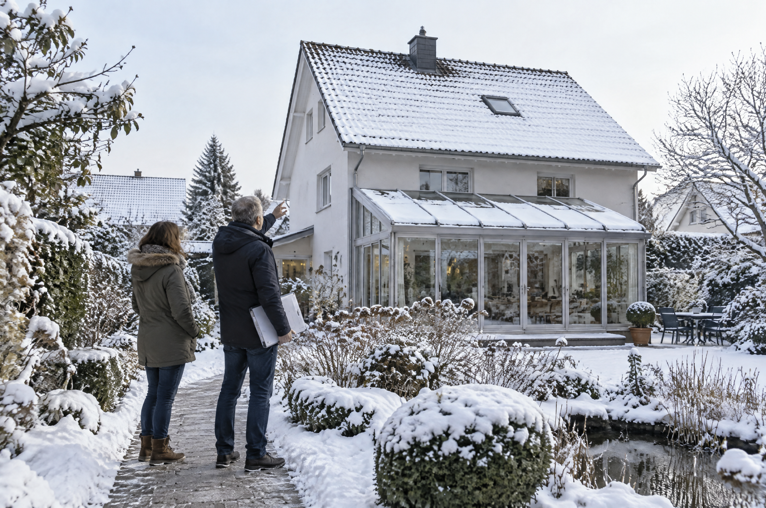 Illustrative Darstellung zum Ratgeberthema Wintergartendach bei Schnee: Wann ist eine Räumung sicher und wer darf sie ausführen?
