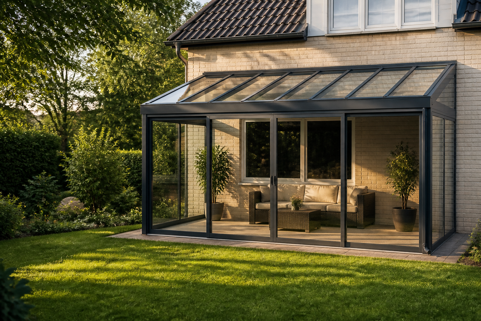 Geradliniger Wintergarten mit Glasdach an einem Wohnhaus